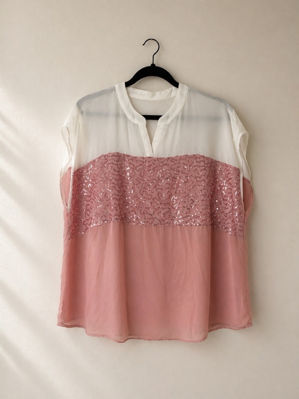 SHEIN White & Pink Sequin Panel Sheer Blouse